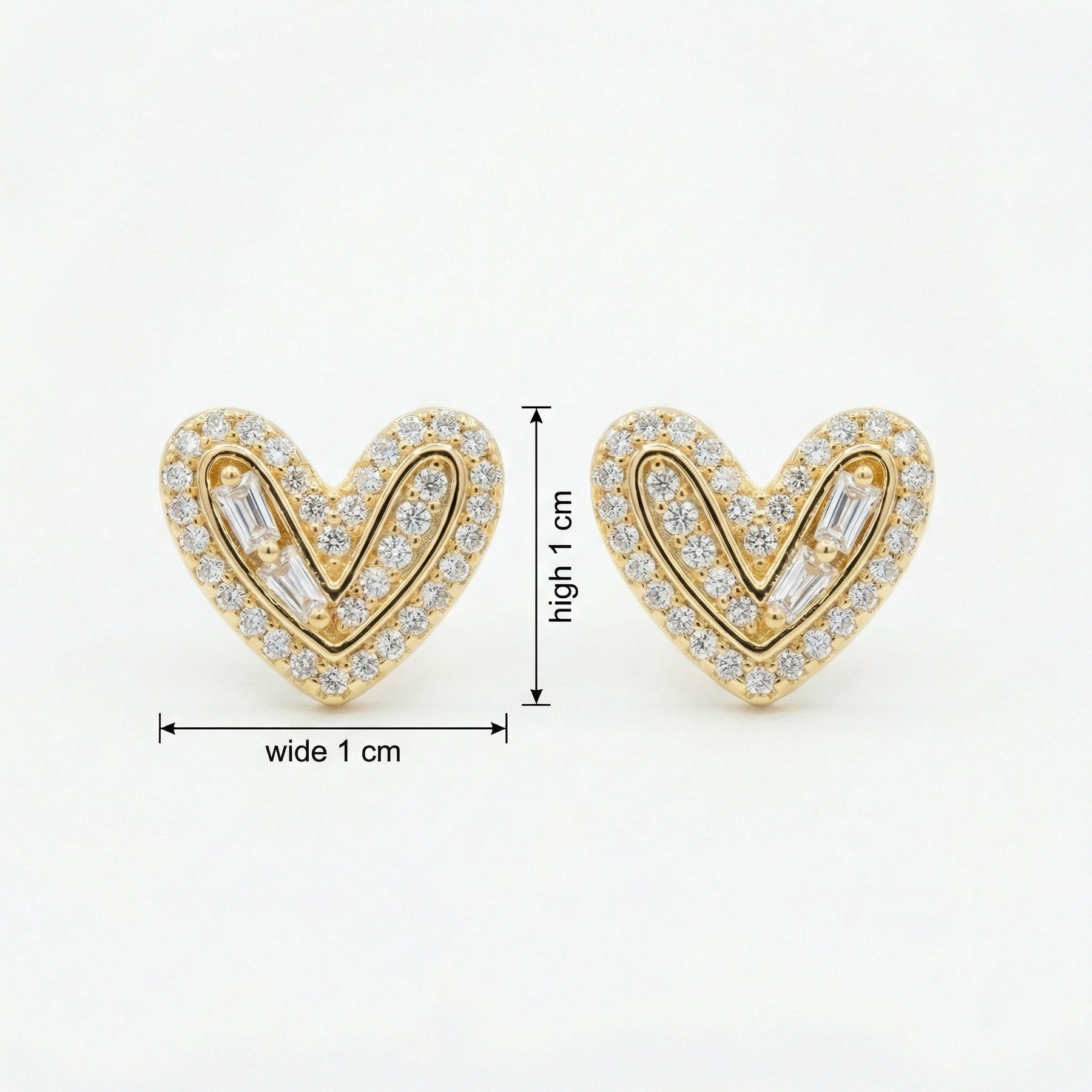 Diamond Heart Studs, Baguette Accents – sterling silver earrings