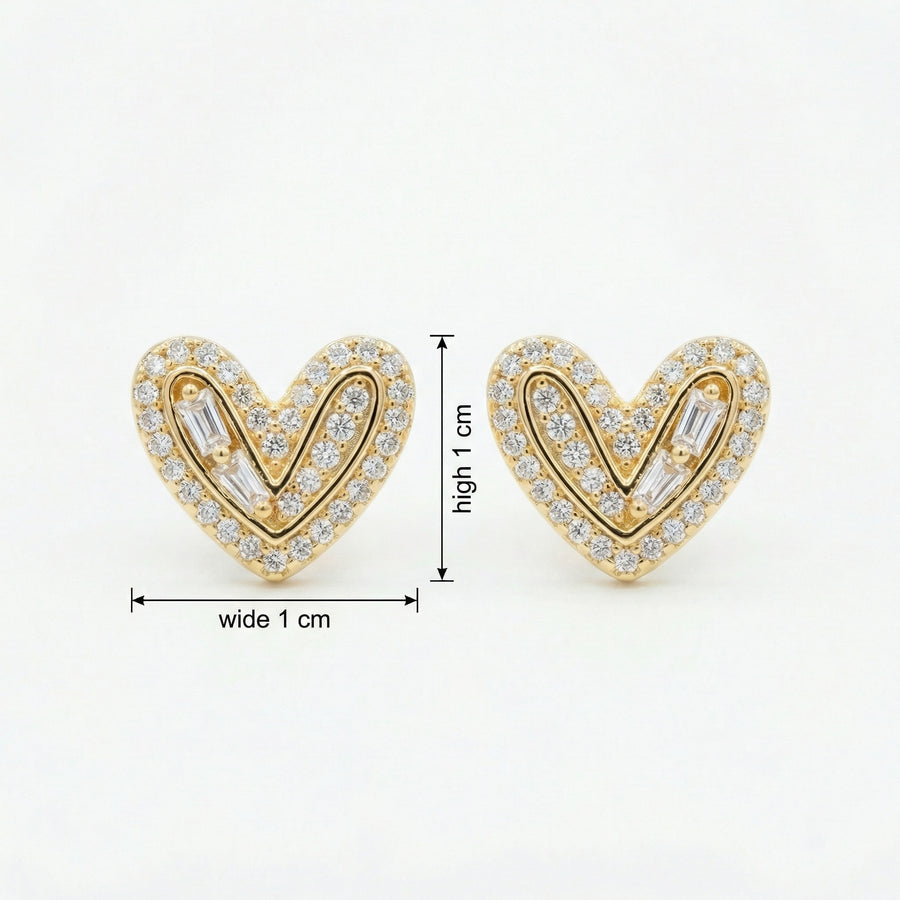 Diamond Heart Studs, Baguette Accents – sterling silver earrings
