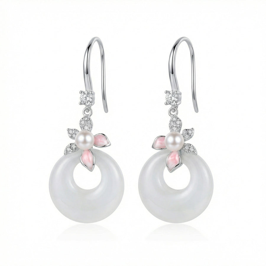 White Jade and Pearl Floral Drops – jade earrings