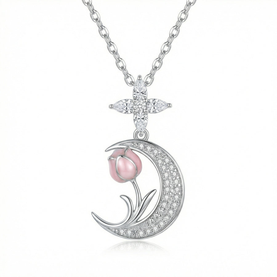 Crescent Moon Pink Tulip Necklace – sterling silver necklace