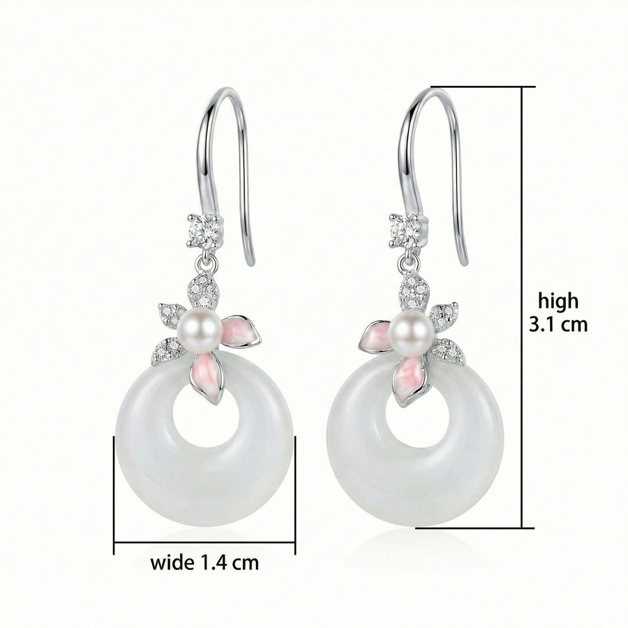 White Jade and Pearl Floral Drops – jade earrings, front view