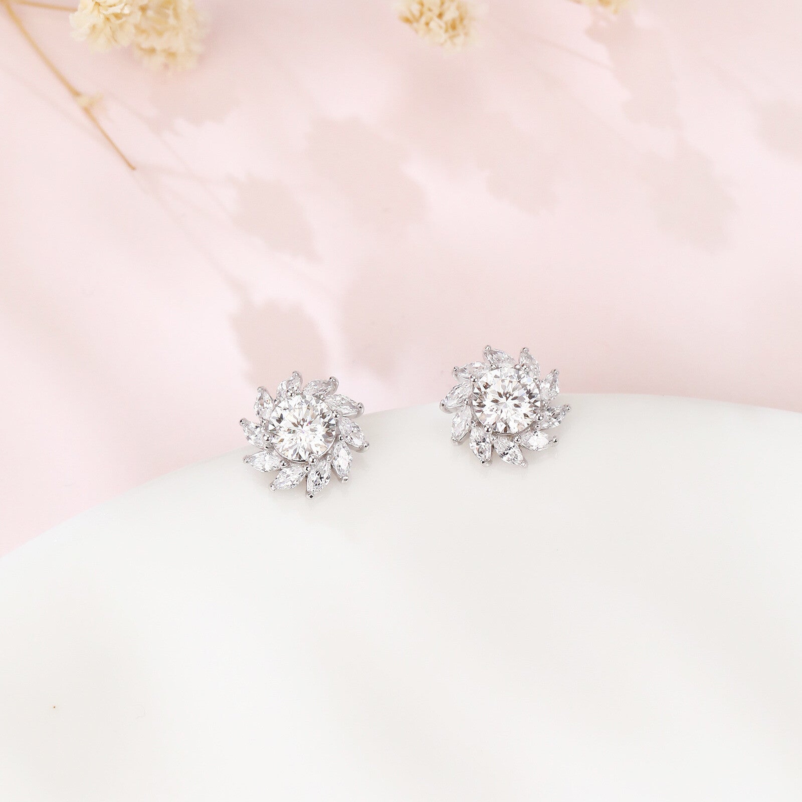 Floral Moissanite Sunburst Earrings – moissanite earrings, front view
