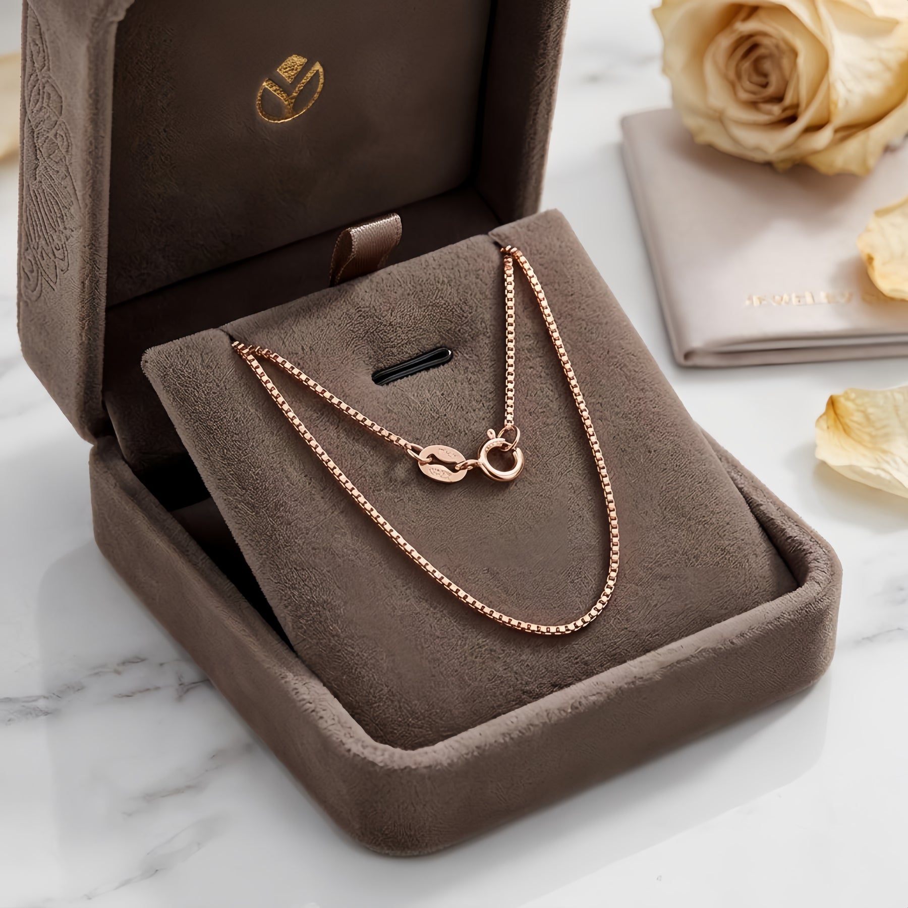 Rose Gold Box Chain Necklace – sterling silver necklace, side detail