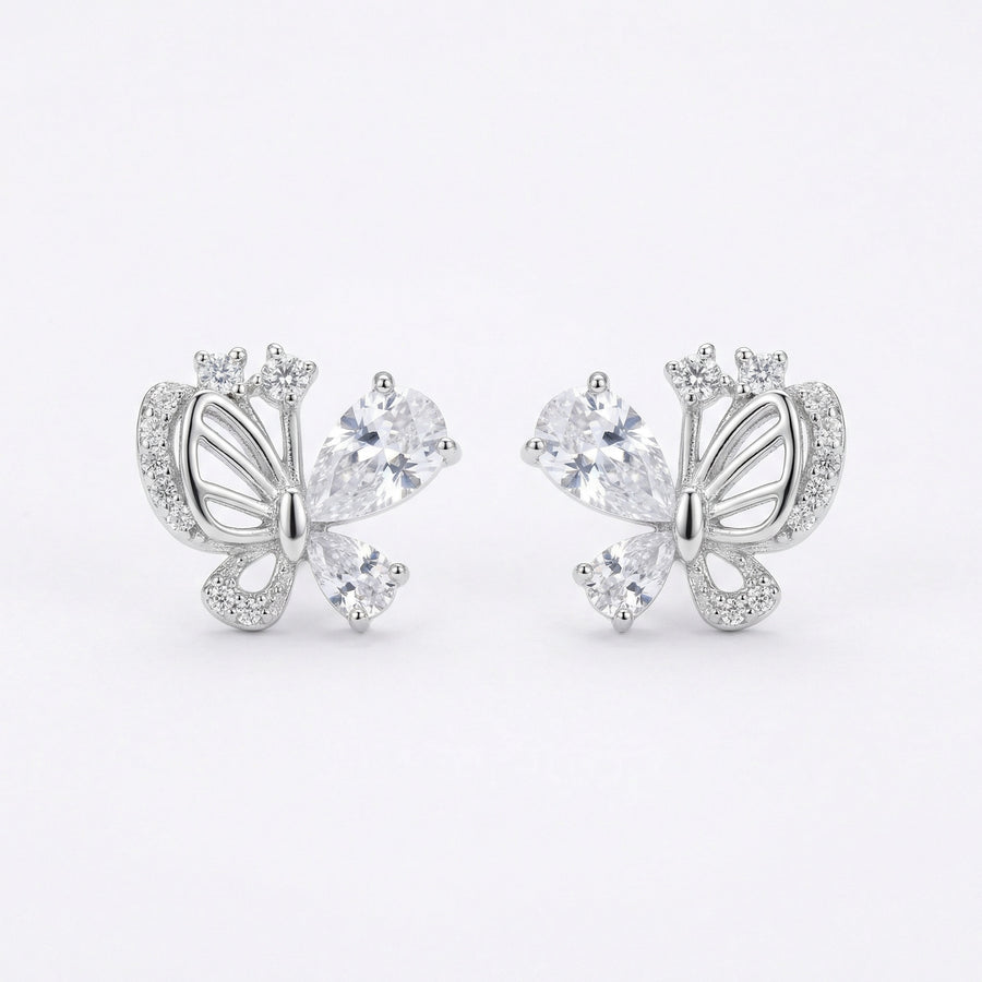 Silver Butterfly Studs with Pear CZ – sterling silver earrings, front view