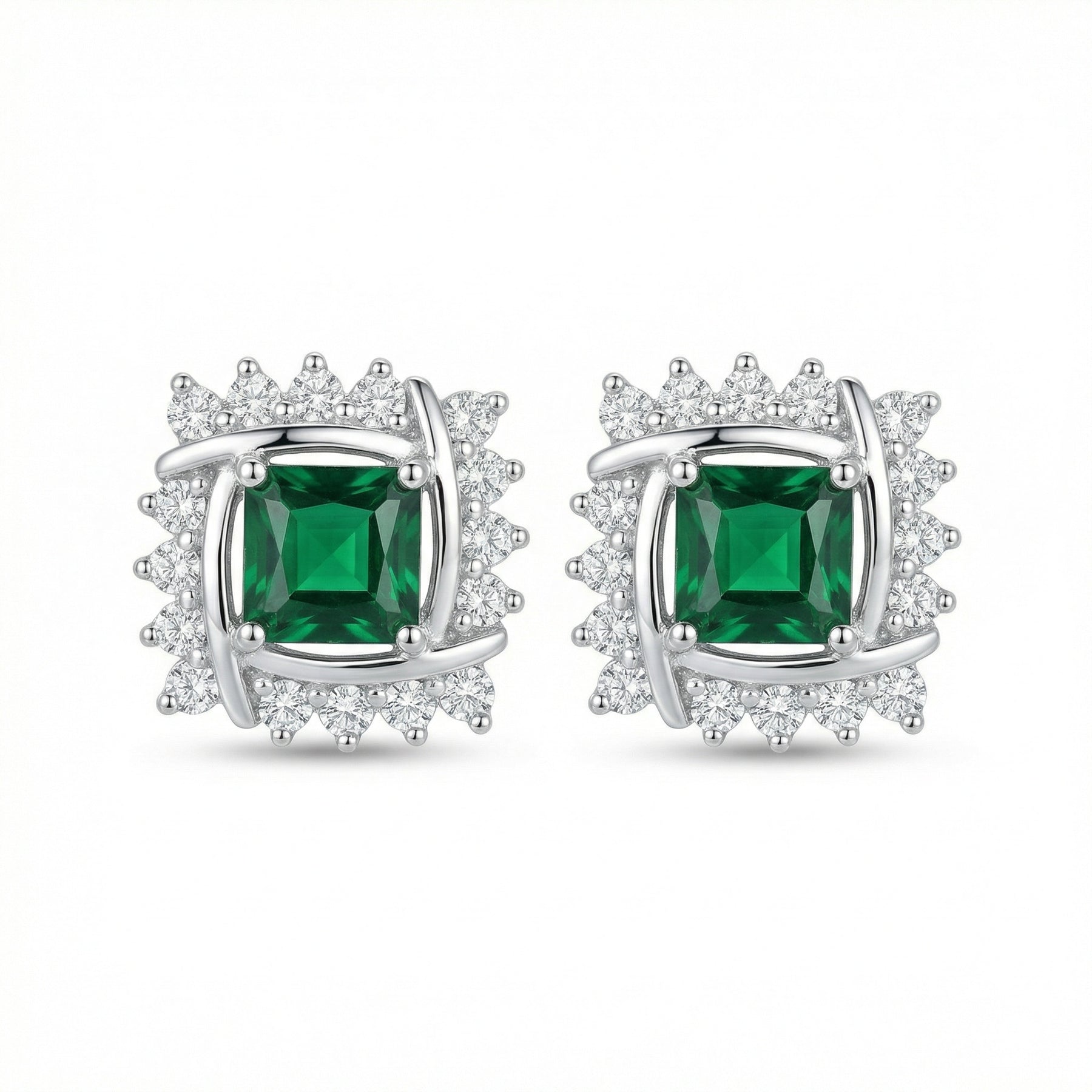 Square Emerald Interlocking Halo Studs – emerald earrings, side detail