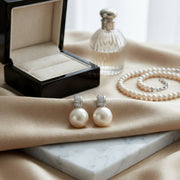 White Pearl Diamond Accent Drops – pearl earrings, close-up