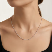White Gold Bead-Accented Chain Necklace – sterling silver necklace, close-up