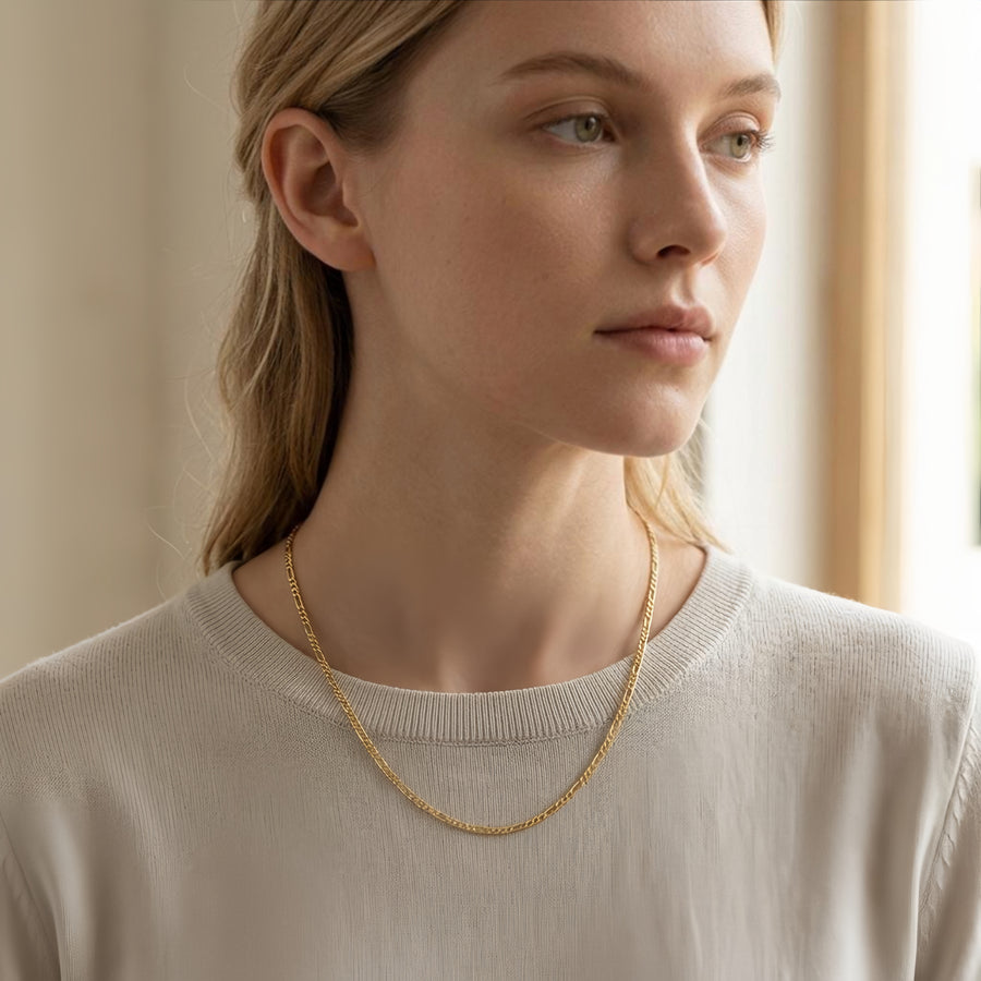 Gold Figaro Chain Necklace with Charm – sterling silver necklace, front view