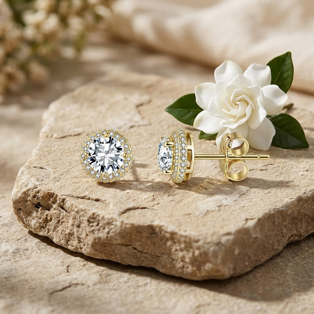 Gold Halo Stud Earrings, Butterfly Backs – sterling silver earrings, front view