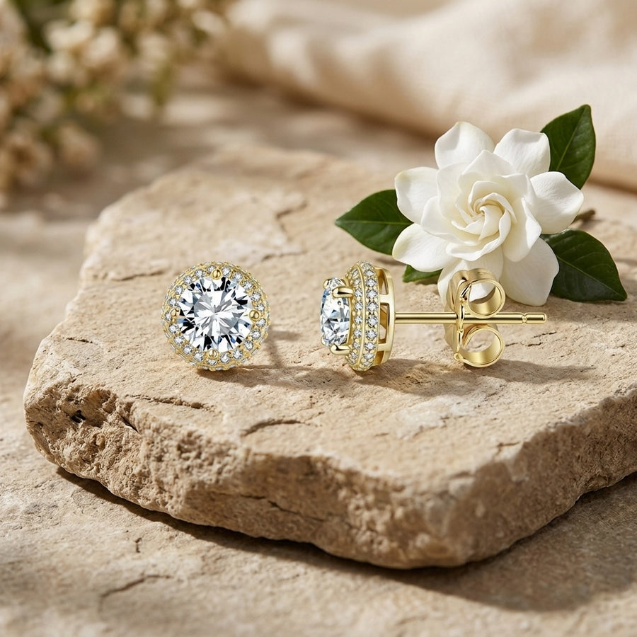 Gold Halo Stud Earrings, Butterfly Backs – sterling silver earrings, front view