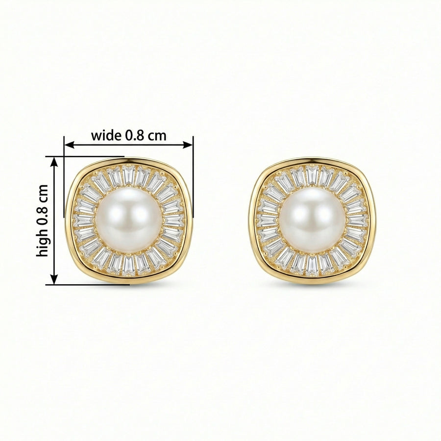 Pearl Studs with Baguette Halo – pearl earrings, front view