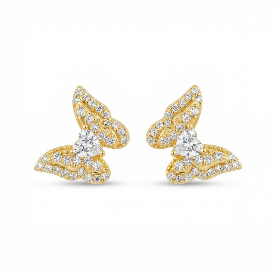 Butterfly Wing Studs with Heart Stones – sterling silver earrings