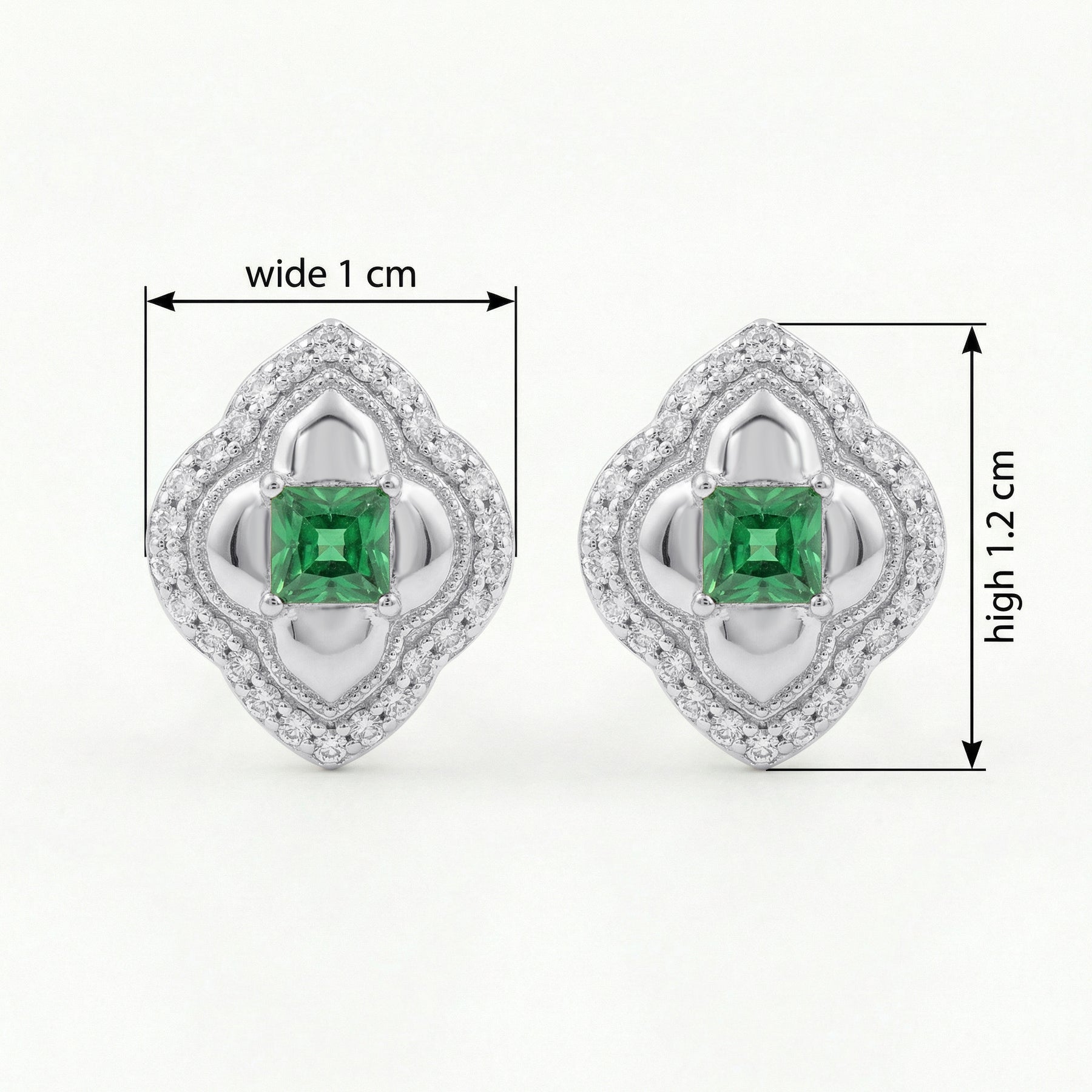 Emerald Quatrefoil Halo Stud Earrings – emerald earrings, side detail