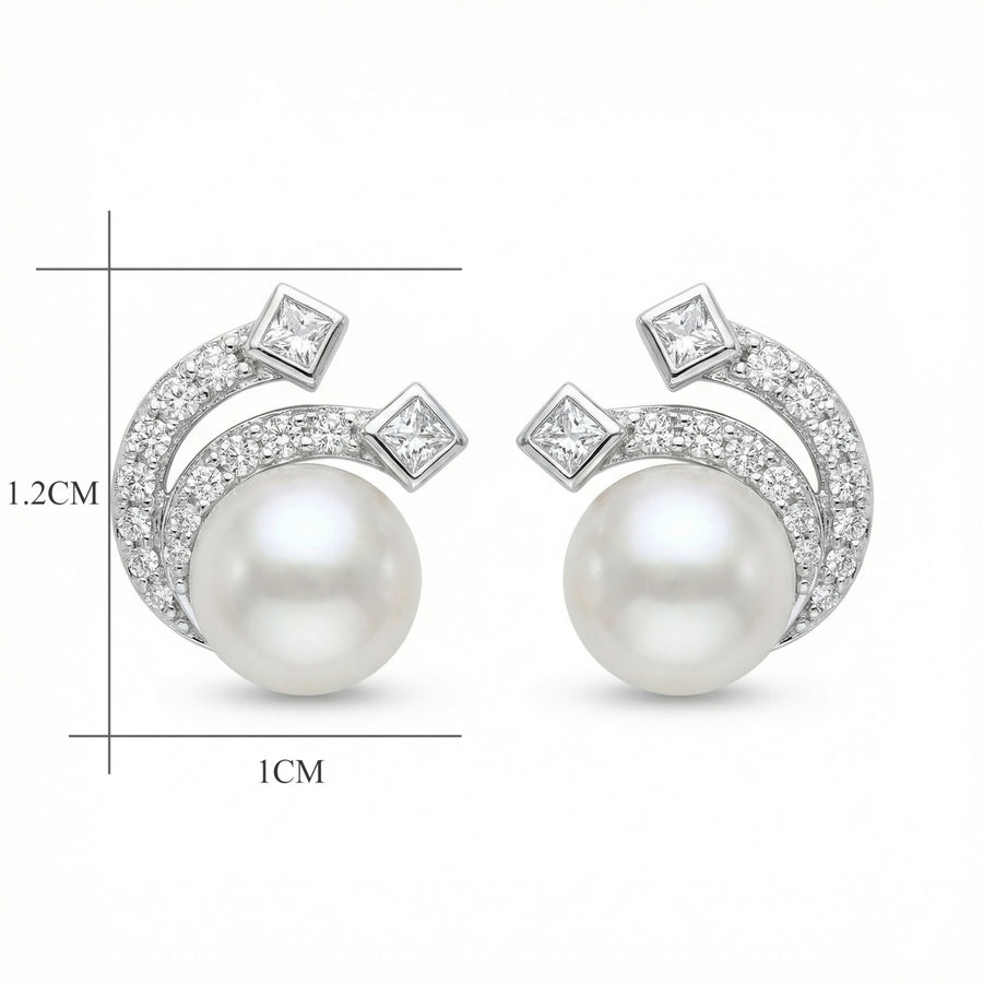 Pearl and Princess-Cut Wave Studs – pearl earrings, front view