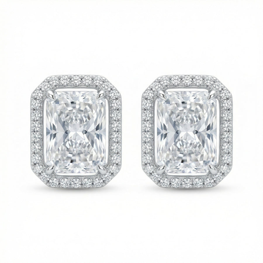 Radiant-Cut Rectangular Halo Studs – sterling silver earrings, front view