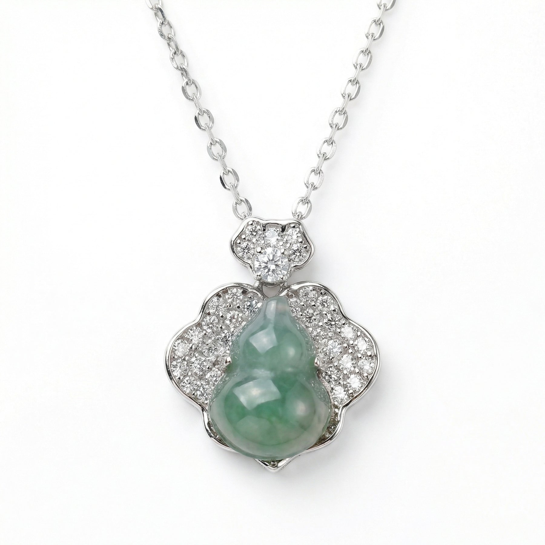 Jade Diamond Gourd Flower Necklace – jade necklace, close-up