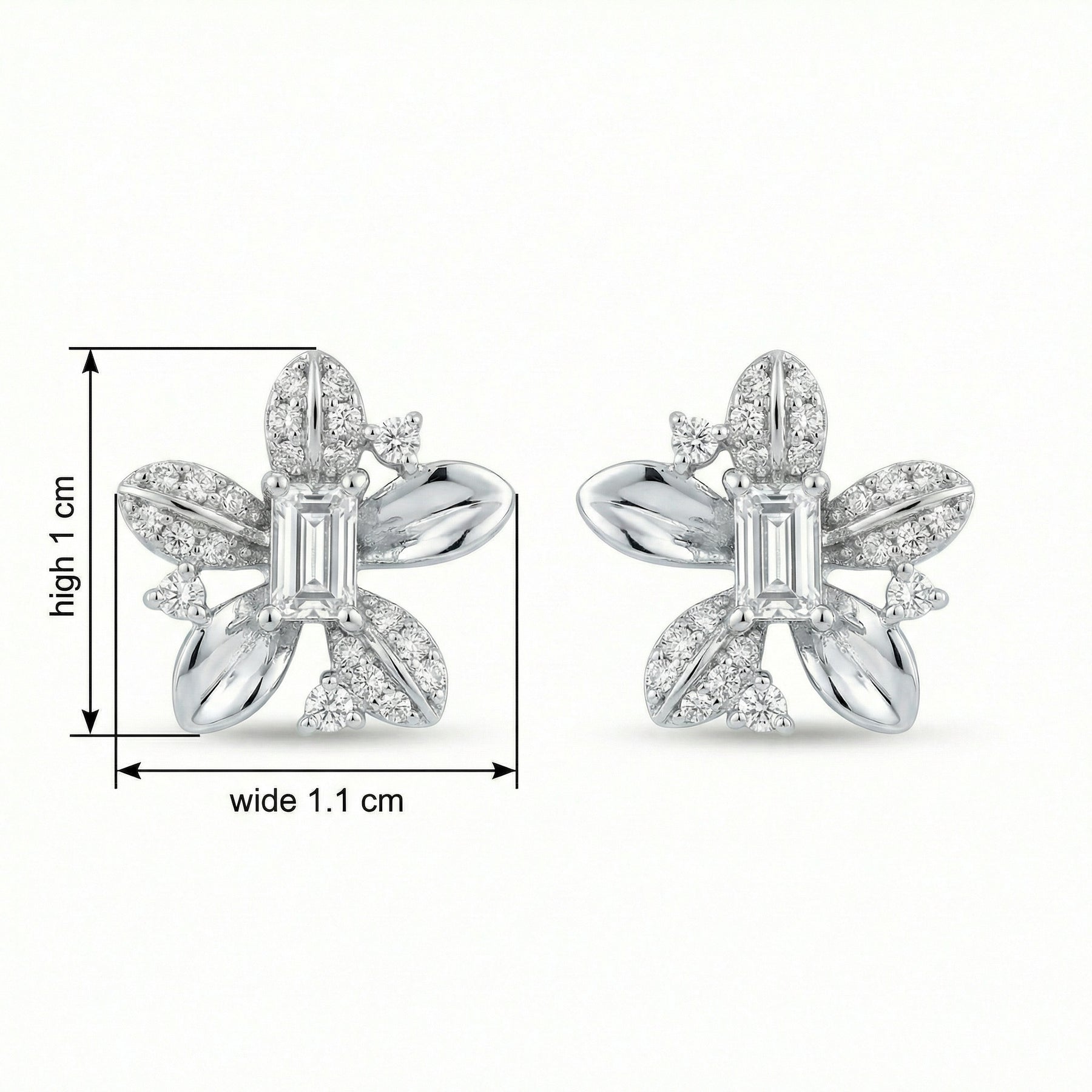 Emerald-Cut Floral Stud Earrings – sterling silver earrings, side detail