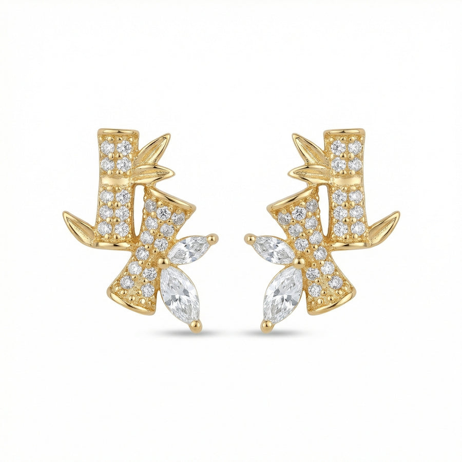 Bamboo and Leaf Gemstone Studs – sterling silver earrings, front view