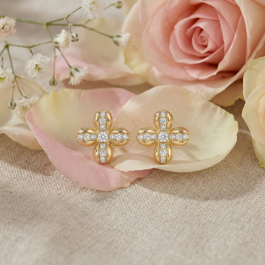Four-Petal Floral Diamond Studs – sterling silver earrings, front view