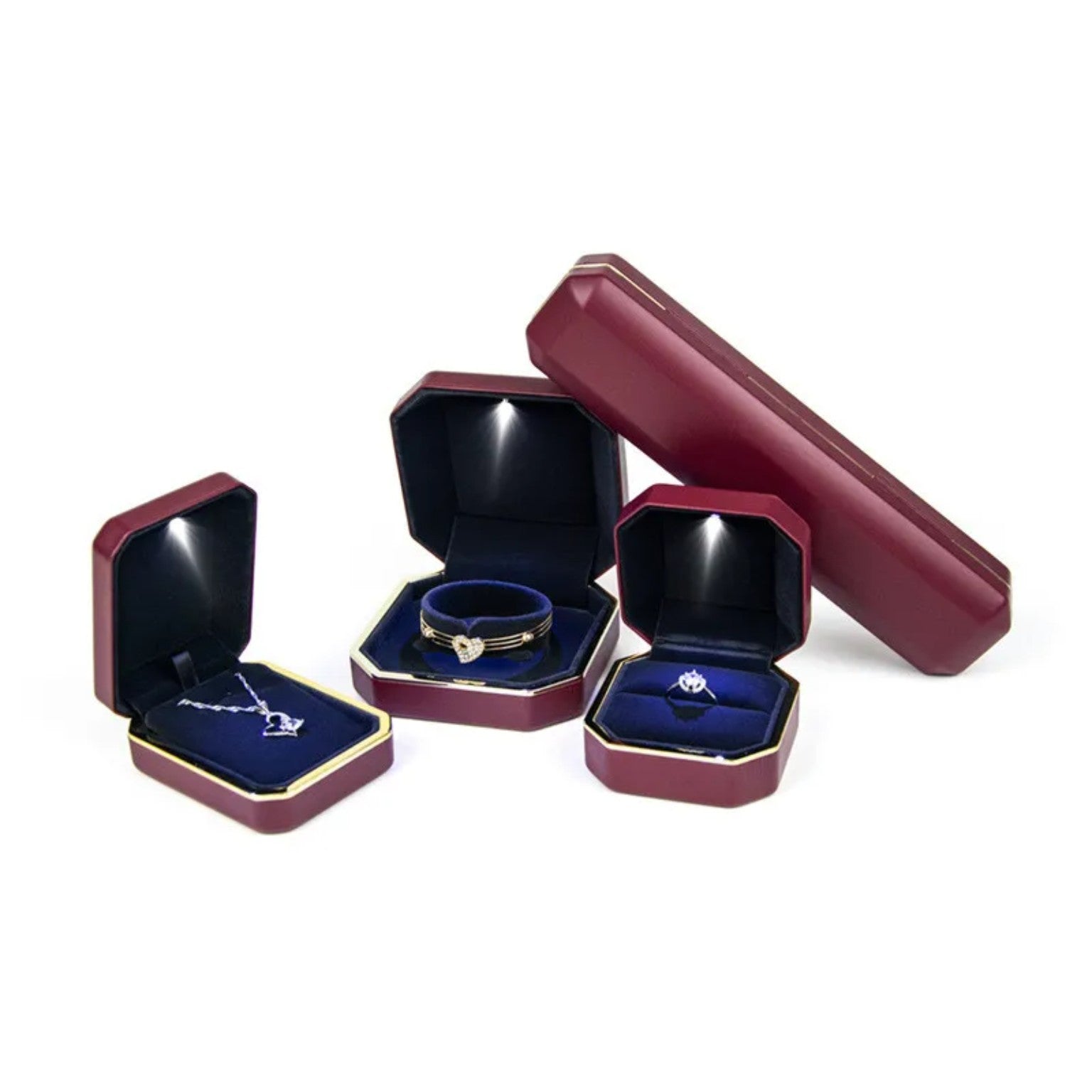 Paket 052 bordo LED ışıklı yüzük kolye bileklik takı kutusu seti