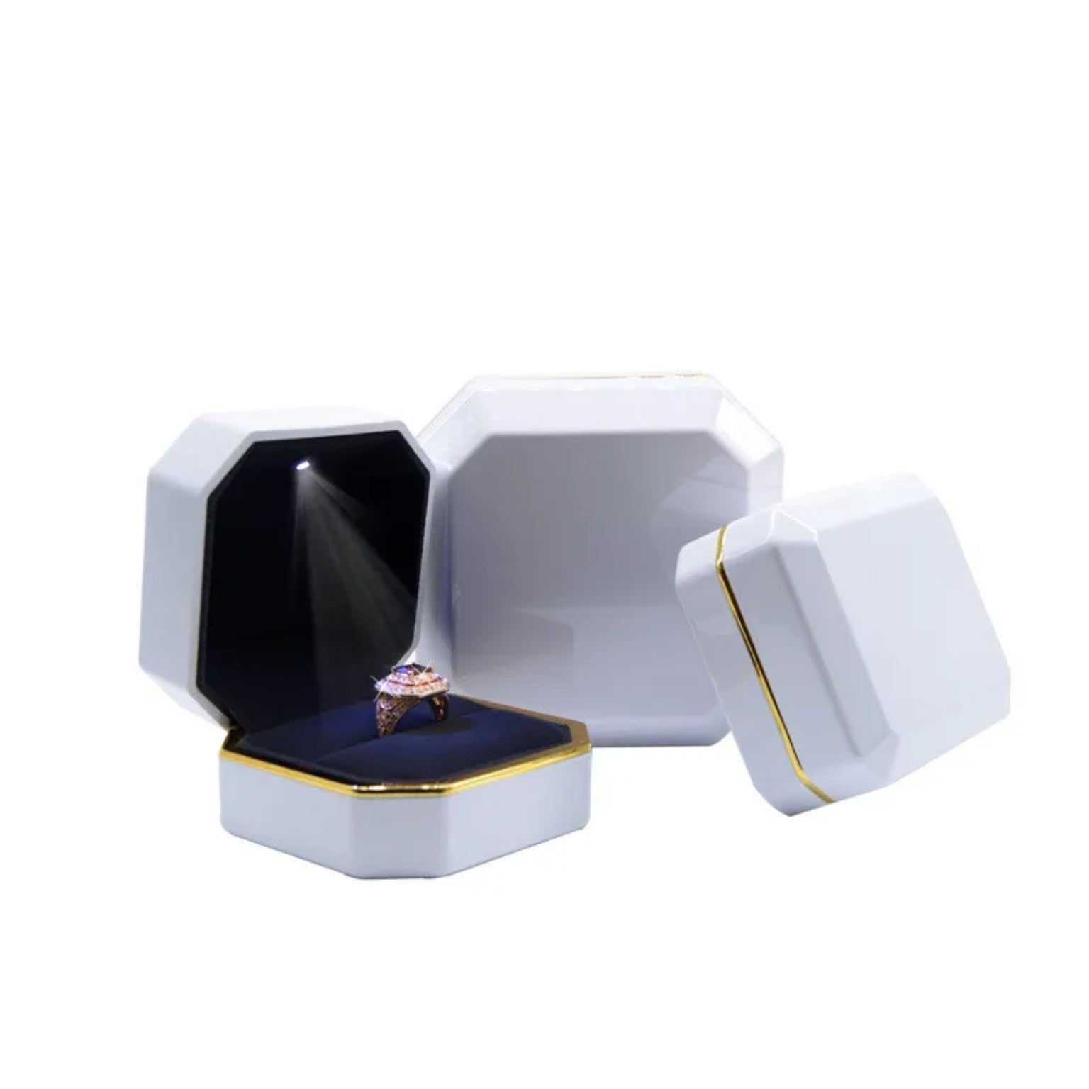 Paket 052 siyah sekizgen LED ışıklı takı kutusu